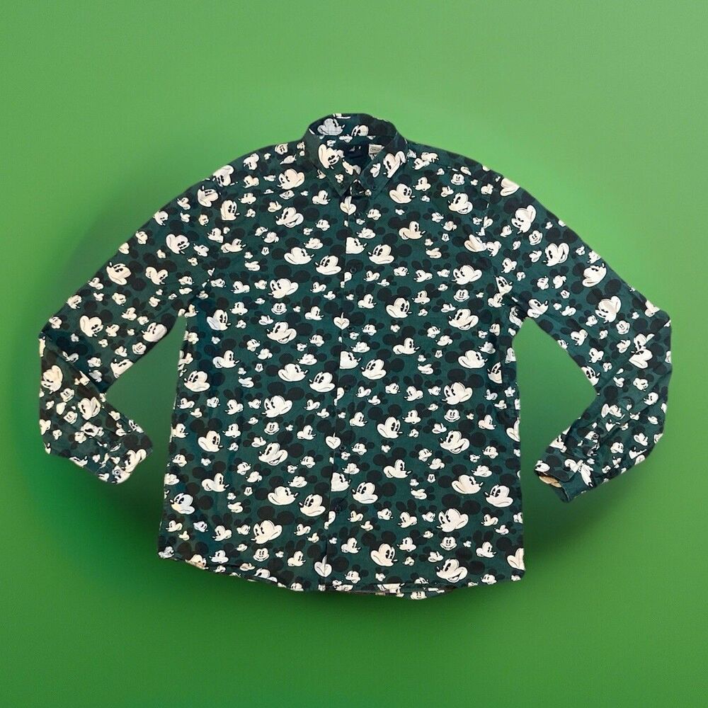 H&M x Disney Mickey Mouse Face Button Shirt  Dark Green Regular Fit Mens Large